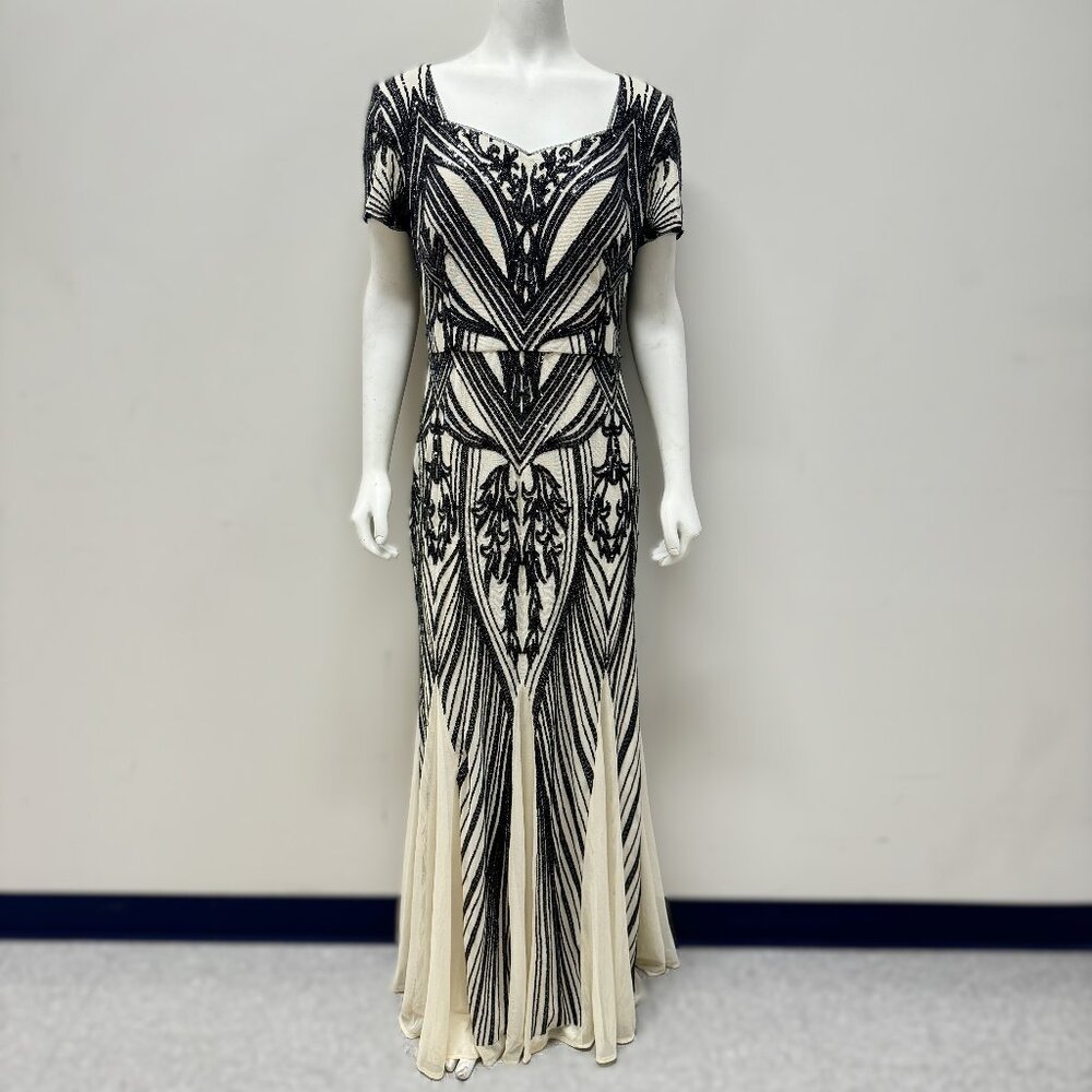 R & M Richards Sequin Black Champagne Godet Evening Dress